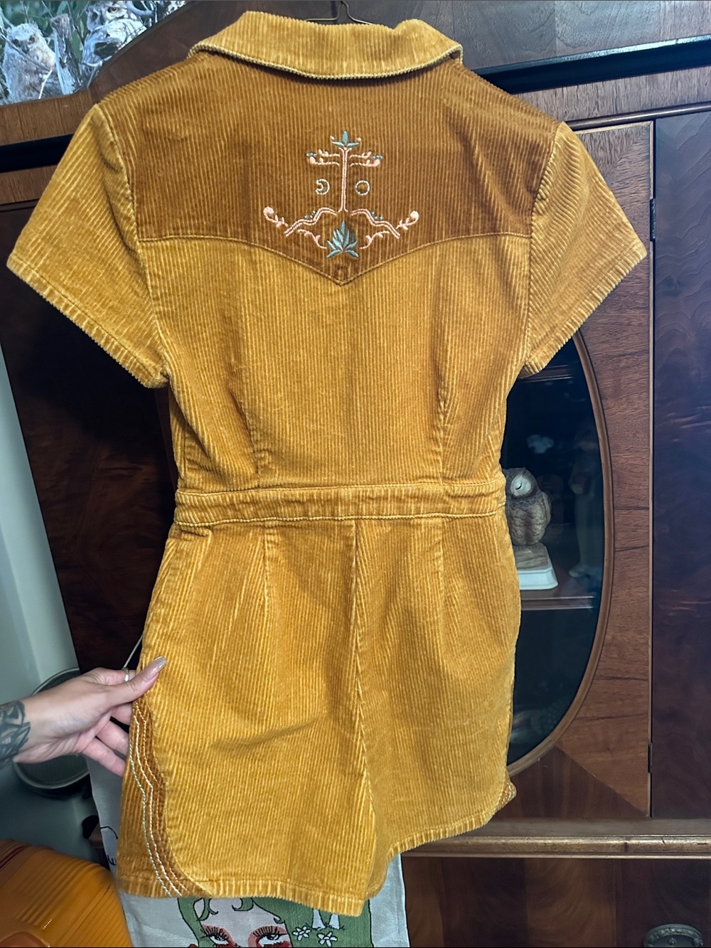 Corduroy Short-Sleeve Mini coveralls shorts in Mustard with Embroidered Yoke